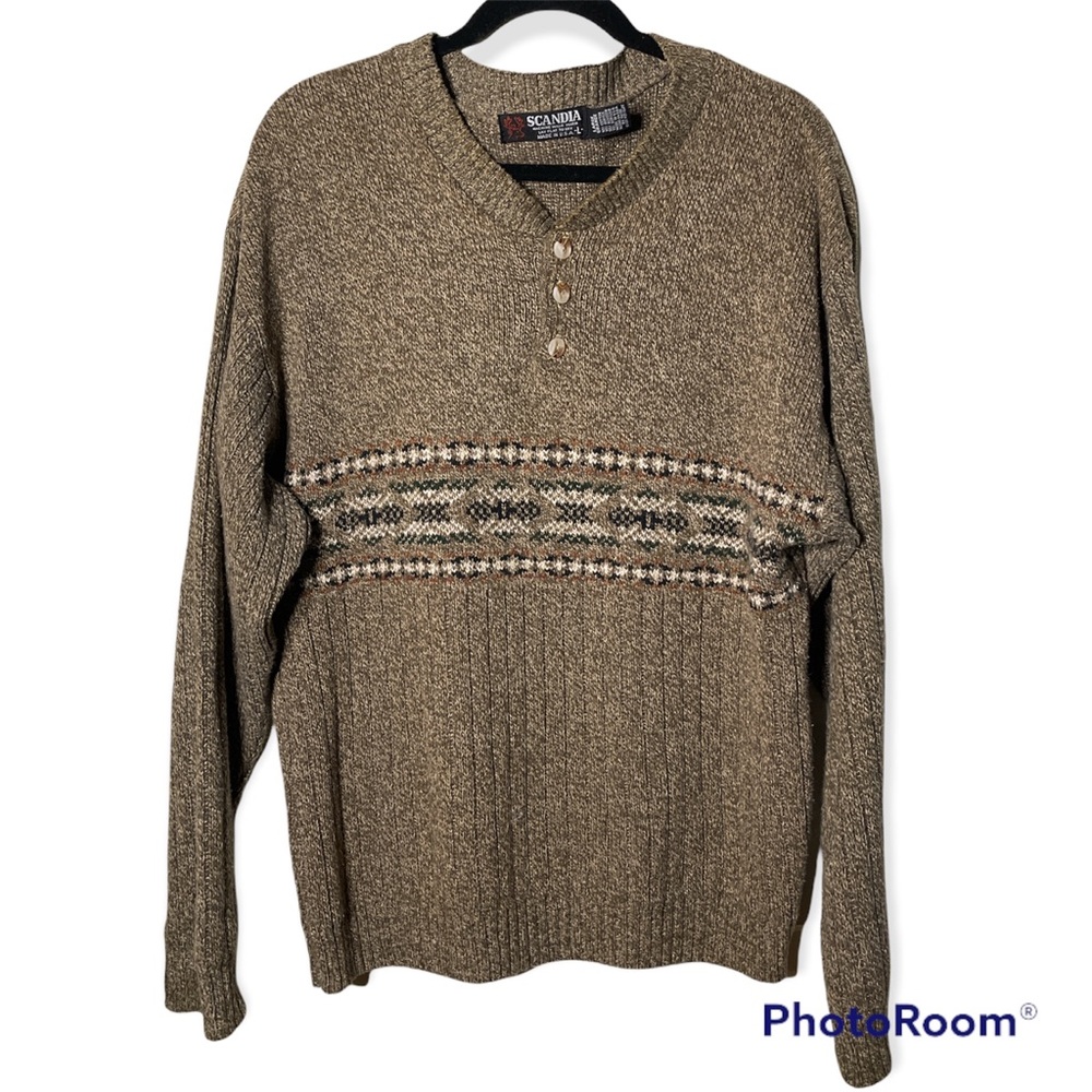 Vintage 90s Sz: L Scandia Nordic Pullover Button V-Neck Sweater Fair Isle Brown